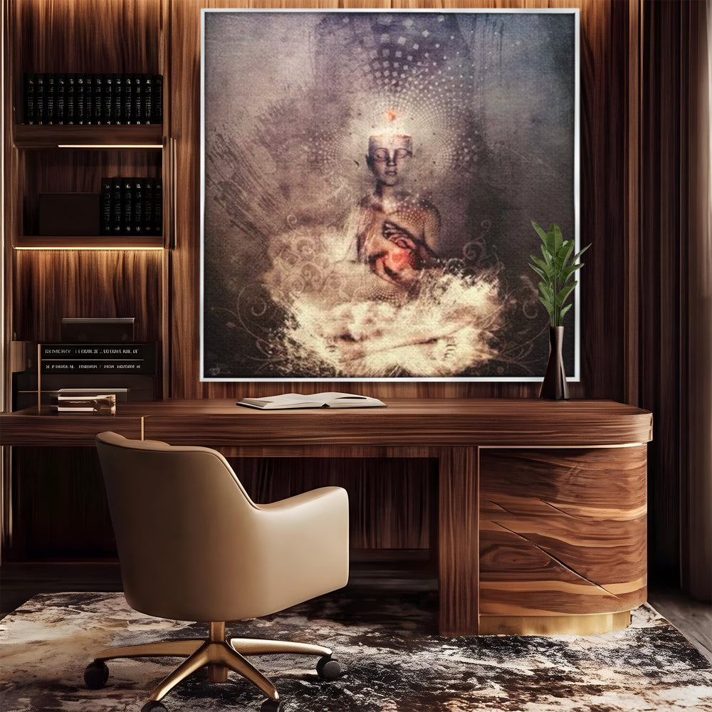 Tablou canvas cu ilustratie digitala cu entitate meditativa si inima luminoasa, in rama de aluminiu argintiu, pe perete intr-un birou